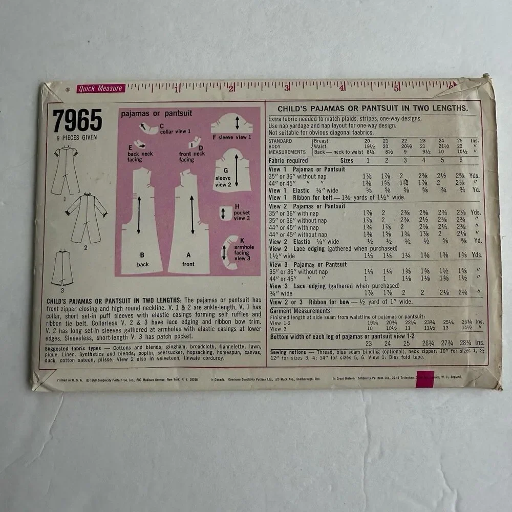 Vtg 60s Sewing Pattern Simplicity 7965 Girls Front-Zip Pajamas or Pantsuit Sz 6